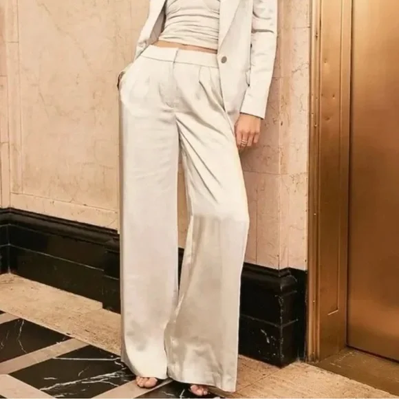 NWT Express Women’s Satin Pants Beige Super High Waisted Wide Leg Trousers Sz 2 - Picture 1 of 14